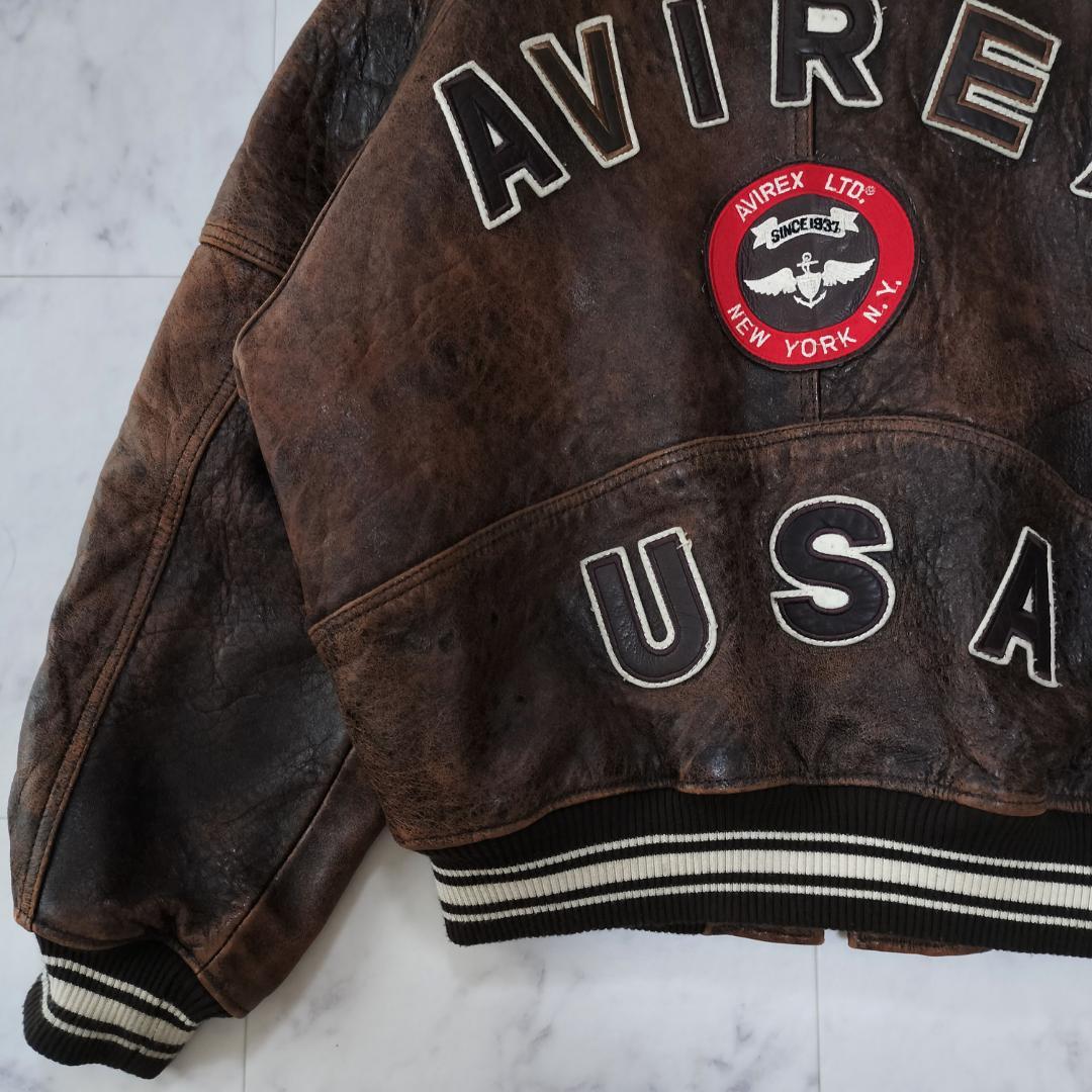 AVIREX オールレザー バーシティジャケット S レザースタジャン ブラウン