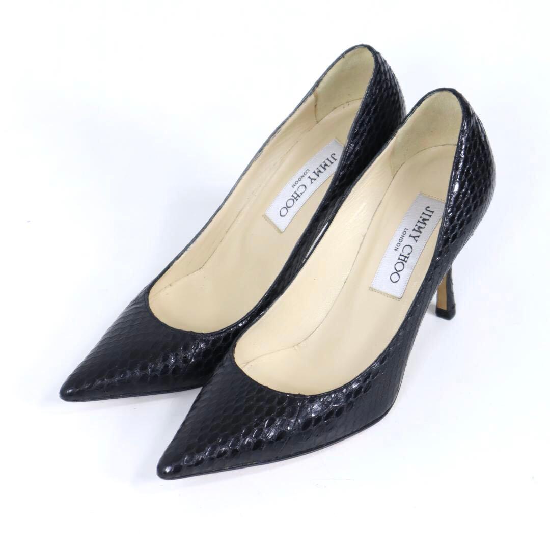 美品 Jimmy Choo ブラックリアルパイソン Pトゥ パンプス 35.5
