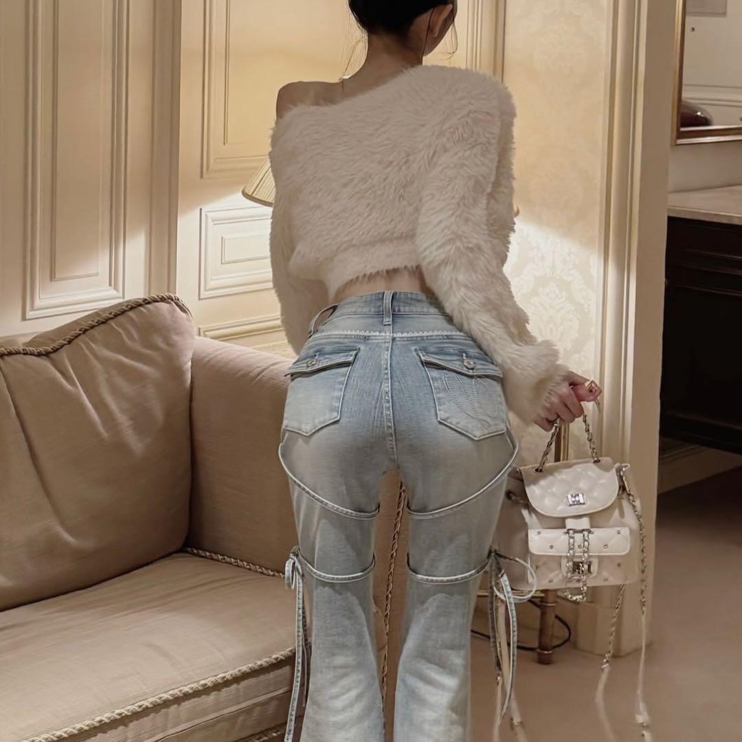 ♡ ダーリッチ ♡ ピコレースハイウエストフレアデニム Sサイズ アイスブルー