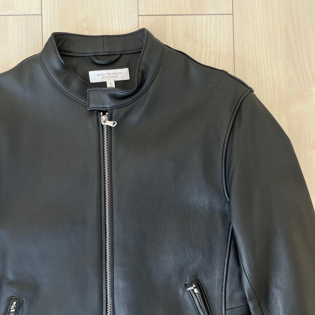 極美品 BEAUTY&YOUTH シングルレザー ライダース L ブラック