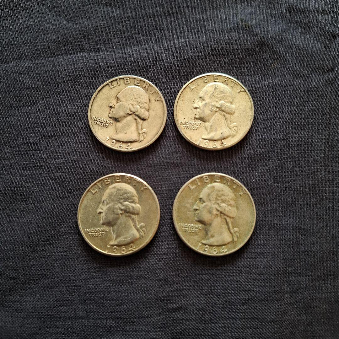 アメリカ、銀貨、1964年発行の25セント銀貨(銀90％)4枚