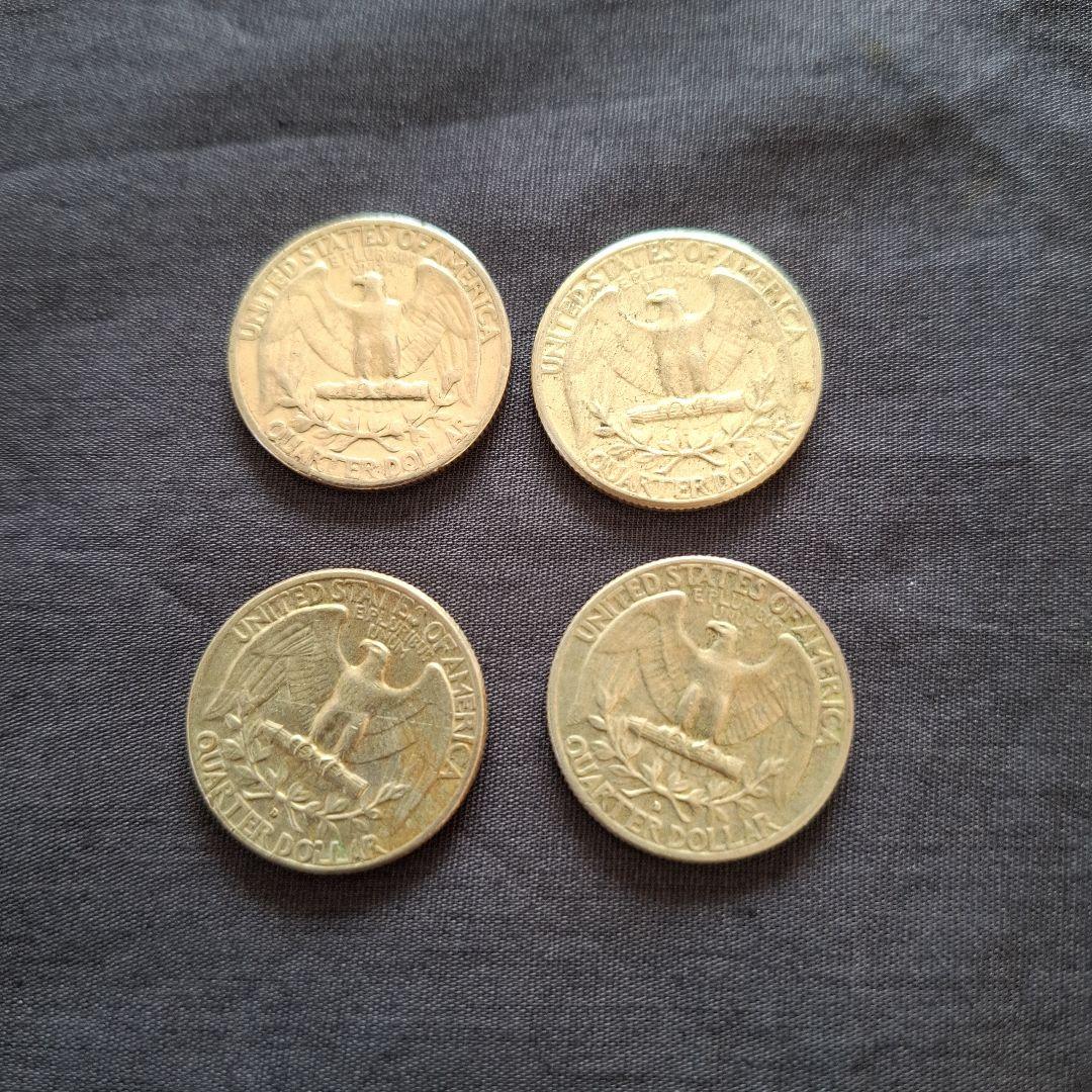 アメリカ、銀貨、1964年発行の25セント銀貨(銀90％)4枚