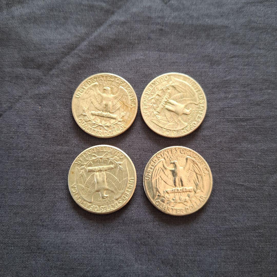 アメリカ、銀貨、1964年発行の25セント銀貨(銀90％)4枚