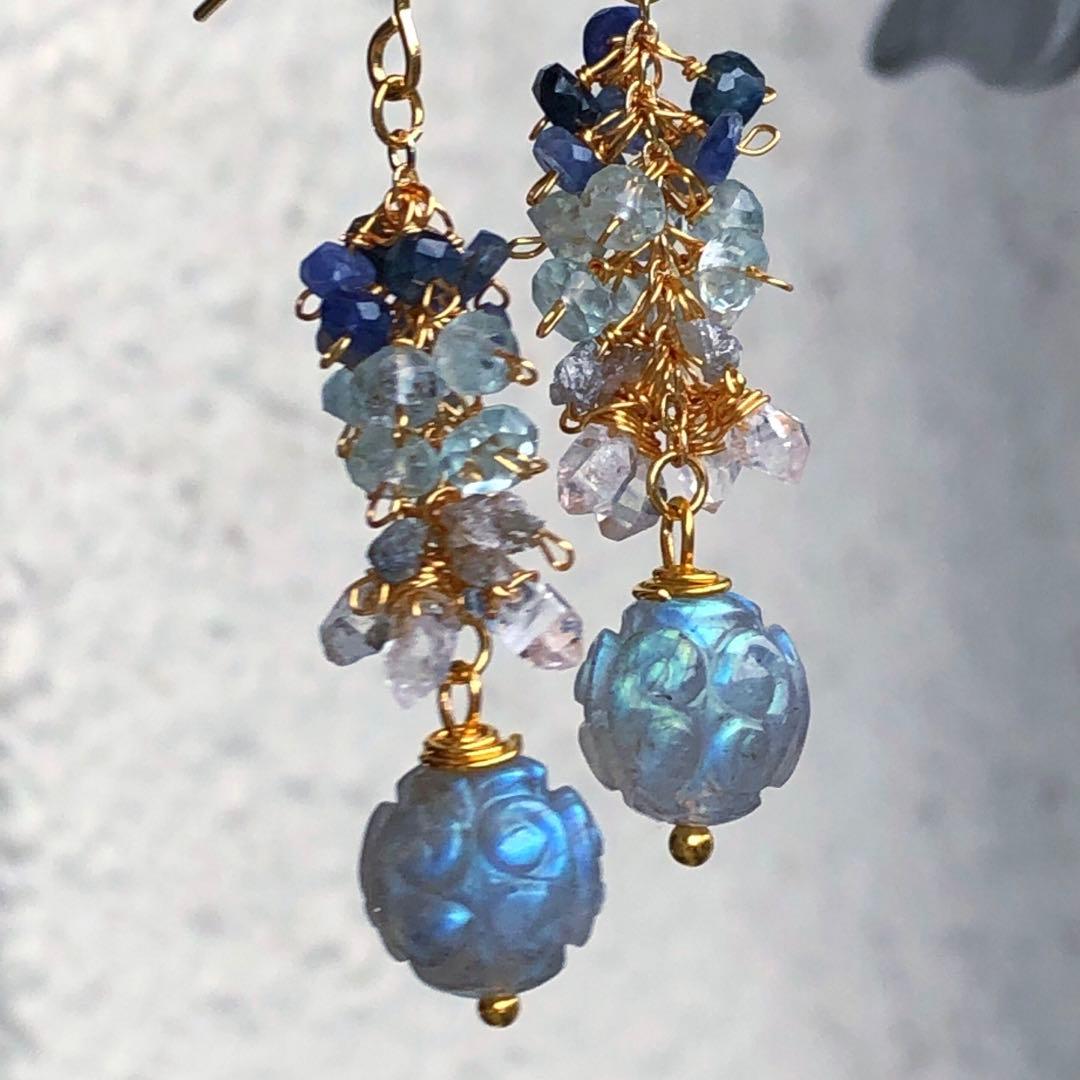 天然石☆プルメリア&スクロールカービングのピアス14kgf