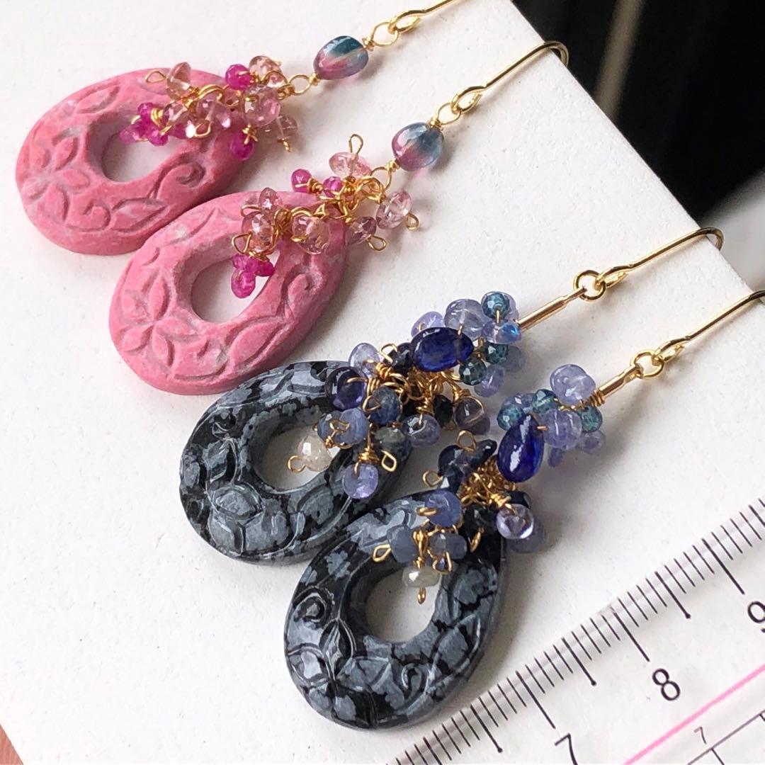 天然石☆プルメリア&スクロールカービングのピアス14kgf