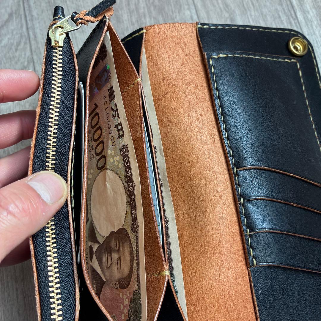 【茶芯ブラック】トラッカーウォレット　ロング　真鍮　三層