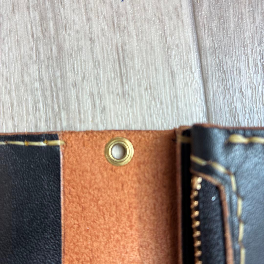 【茶芯ブラック】トラッカーウォレット　ロング　真鍮　三層