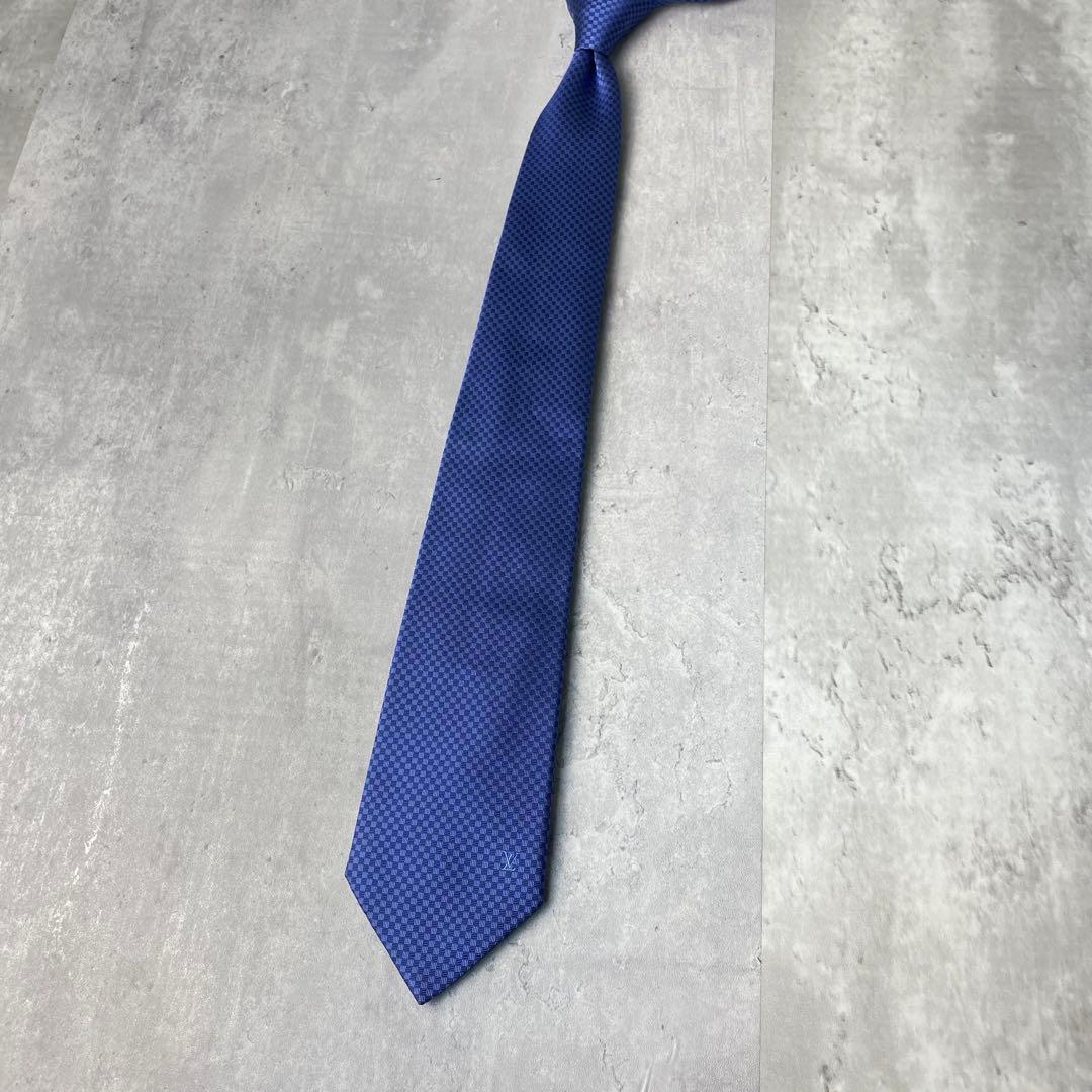 美品 LOUIS VUITTON マイクロダミエ LVロゴ ネクタイ ブルー 青