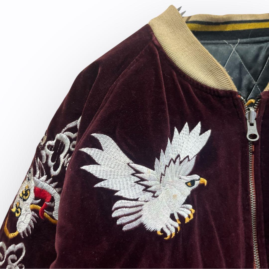 ベロア スカジャン 刺繍 鷲 龍 別珍 えんじ Y2K リバーシブル