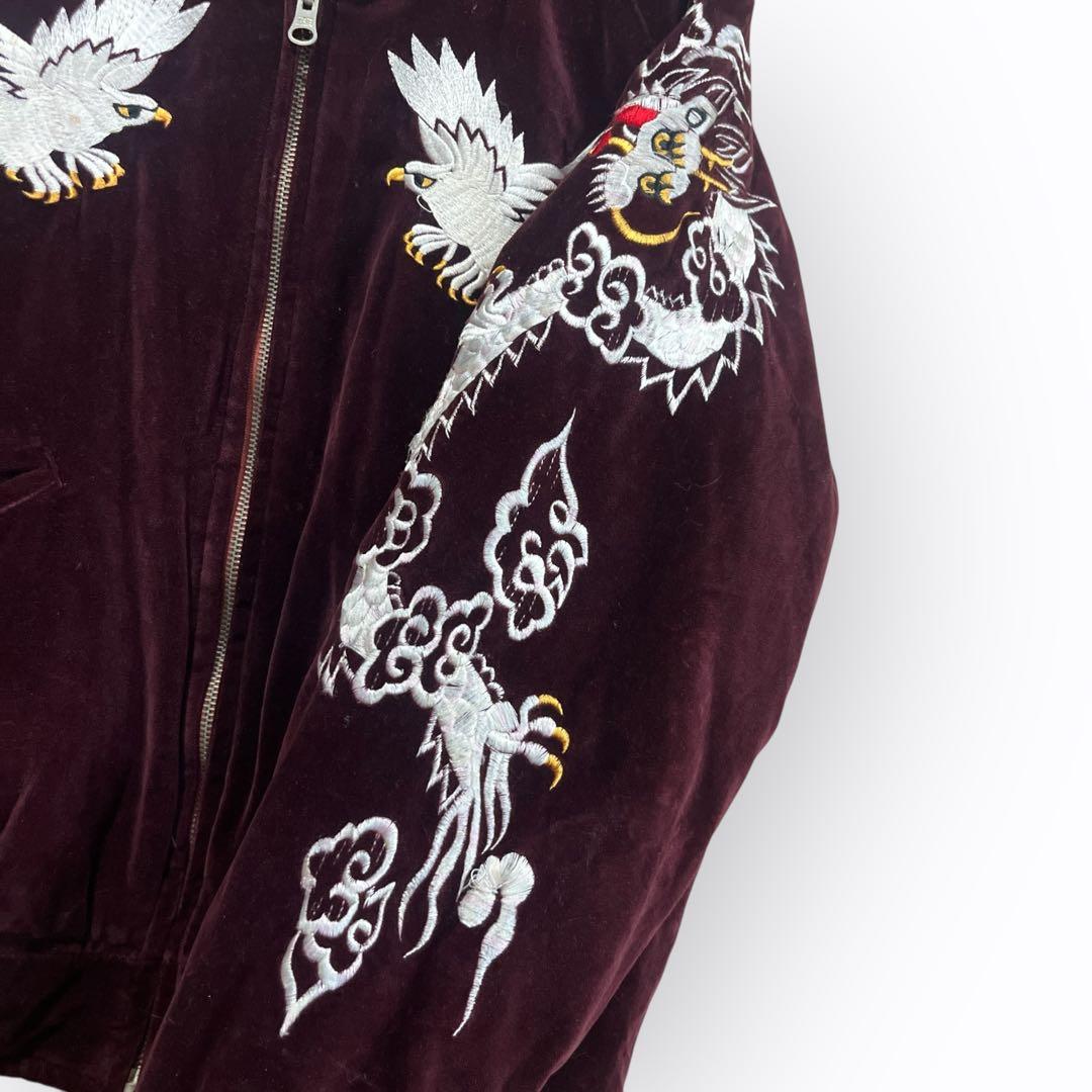 ベロア スカジャン 刺繍 鷲 龍 別珍 えんじ Y2K リバーシブル