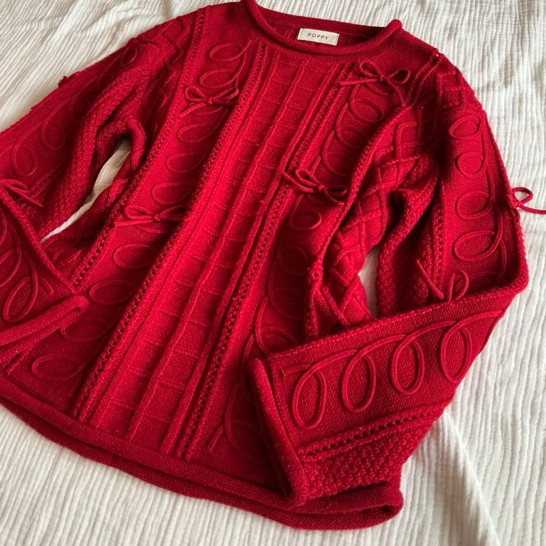 POPPY クルクル リボン ルーズニット 赤 Kurukuru ribbon