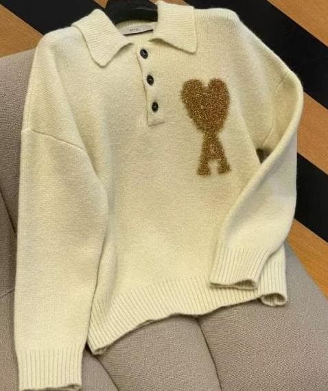AMI ゴールドハート ポロネックニット トップス ベージュ ルーズフィット