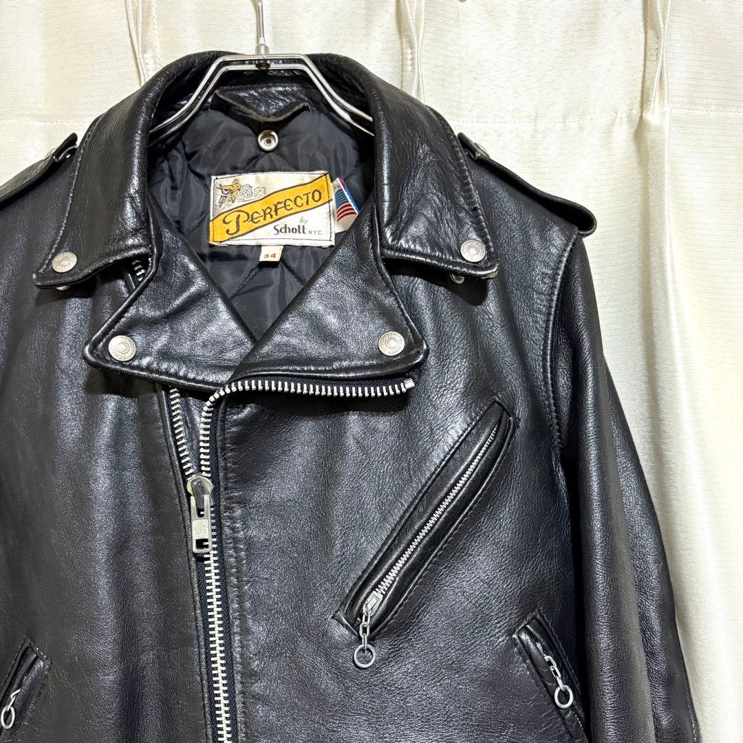 【牛タグ移行期】80s Schott 618希少シ ボ革個体 ライダース 34