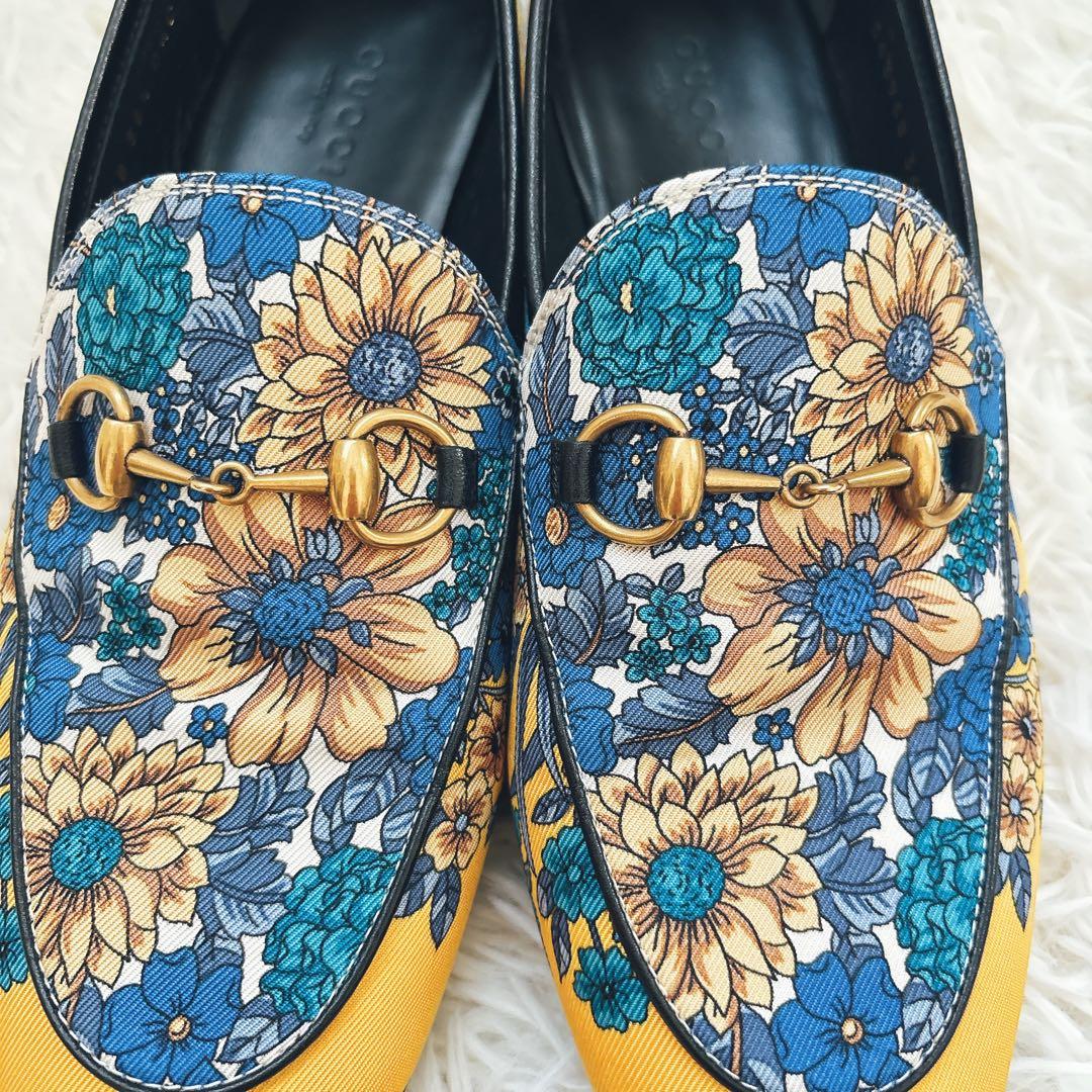 GUCCI フラワープリント　ローファー　総柄　ブルー　イエロー　36ハーフ