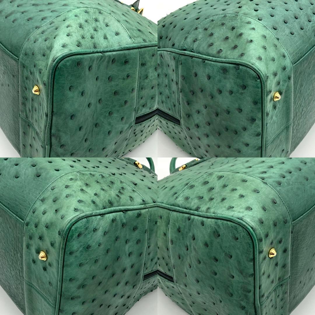 【オーストリッチ本革】ボストンバッグ　旅行鞄　ゴールド金具　グリーン