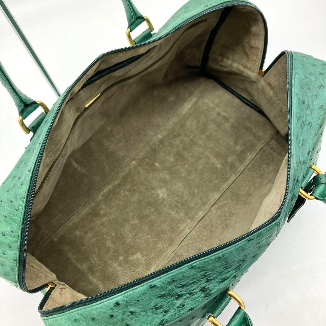 【オーストリッチ本革】ボストンバッグ　旅行鞄　ゴールド金具　グリーン