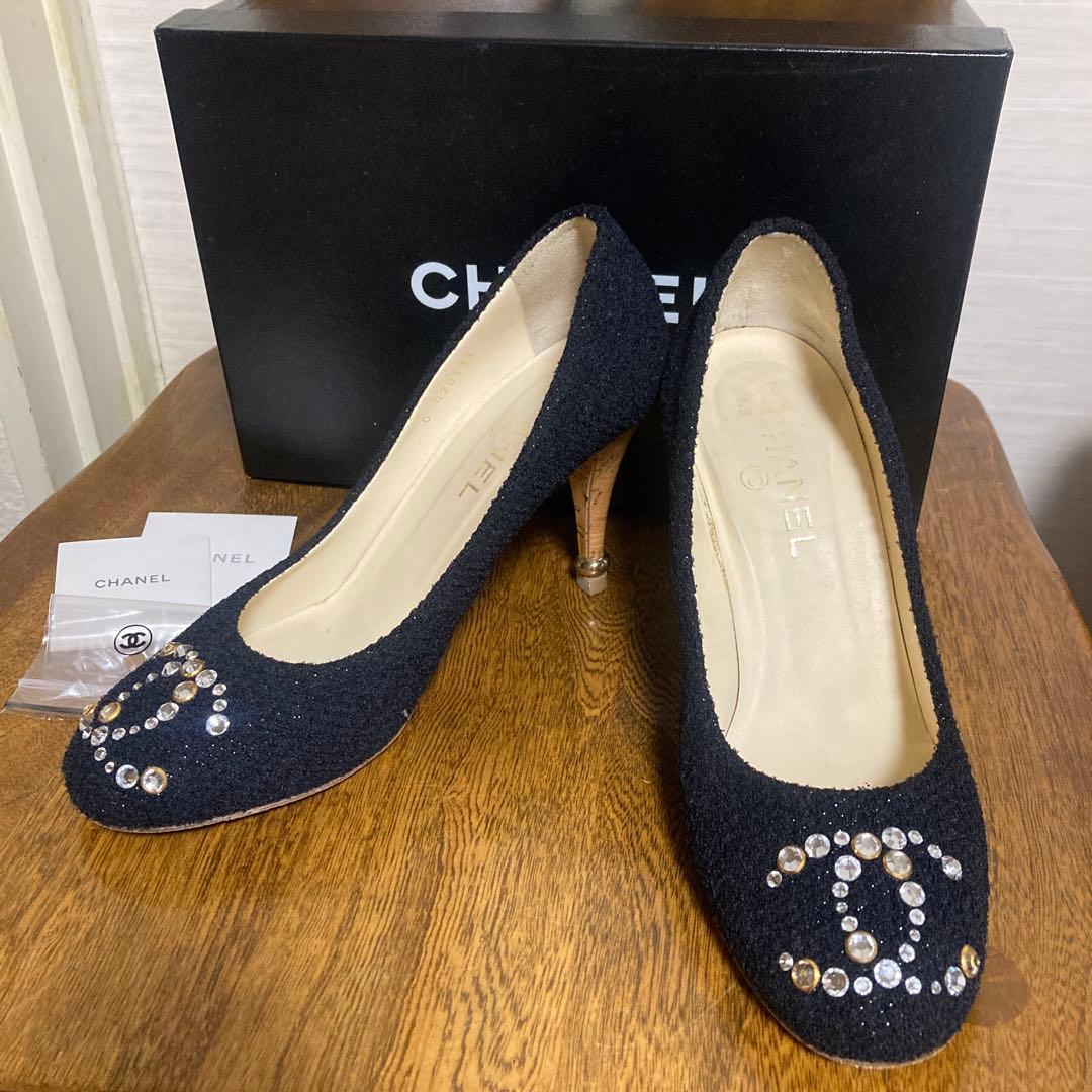 CHANEL パンプス ★ココマーク ラインストーン、ツィード、38.5サイズ