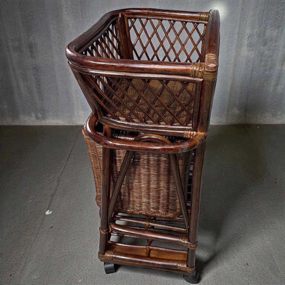 【雰囲気爆発】昭和レトロ 籐製ラタンワゴン キャスター付 脱着式バスケット