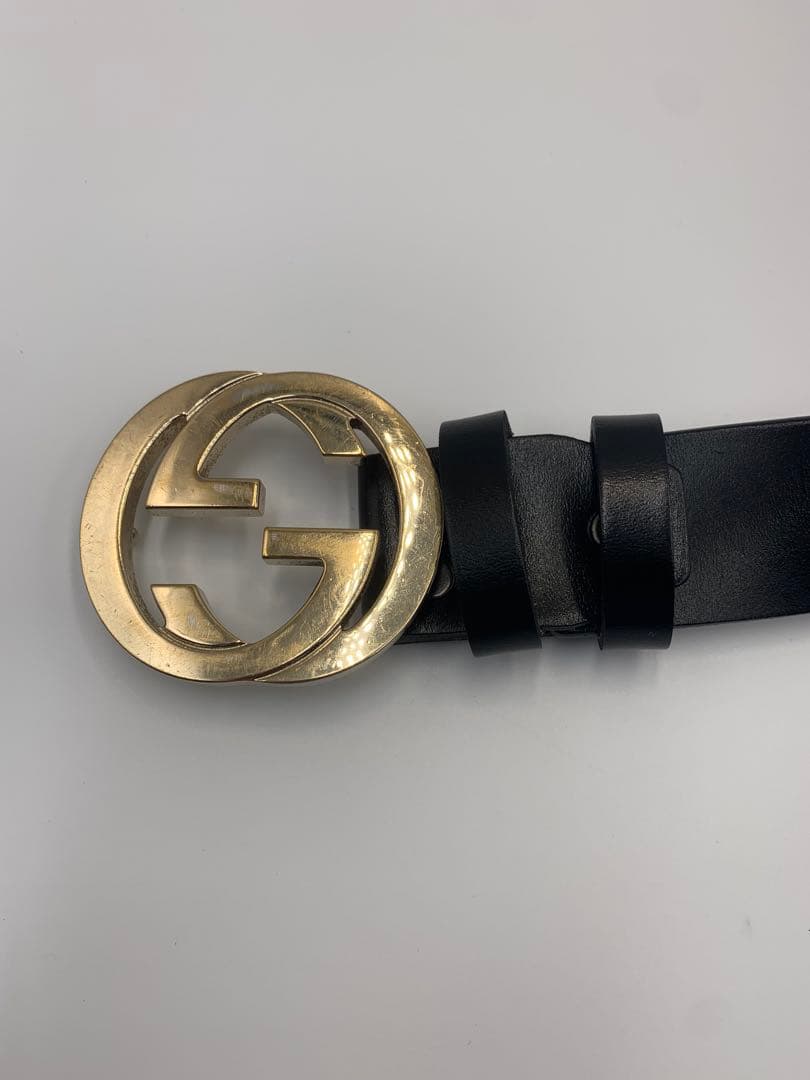 【美品】グッチ　GUCCI ダブルGロゴ ブラックレザーベルト　メンズ　P55