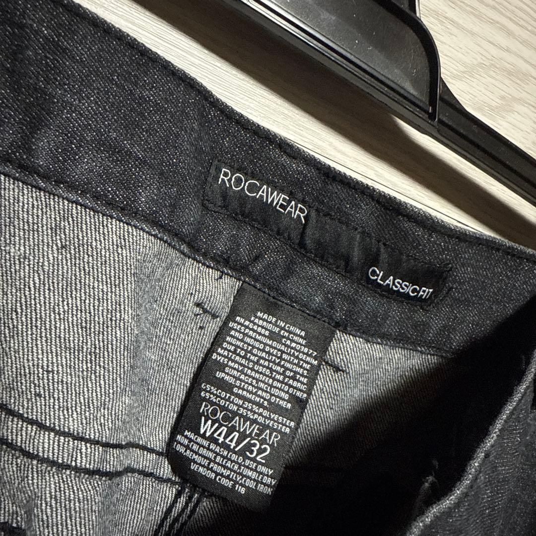 00s ROCA WEAR 先染め ブラックデニム 刺繍 W44 極太 バギー