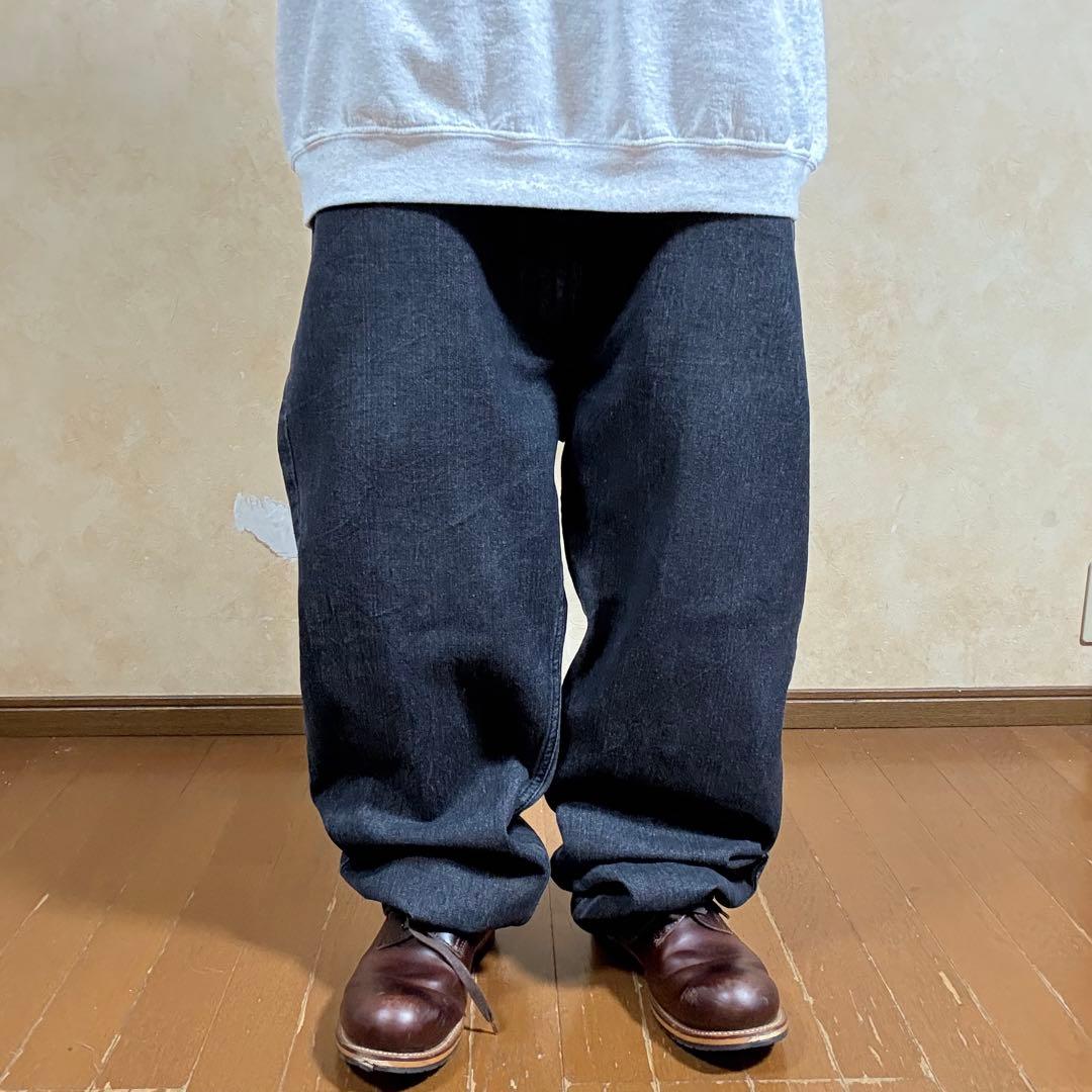 00s ROCA WEAR 先染め ブラックデニム 刺繍 W44 極太 バギー