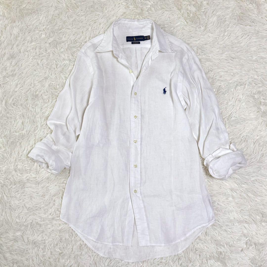 【極美品】近年 ラルフローレン リネン100％ シャツ クラシックフィット 白