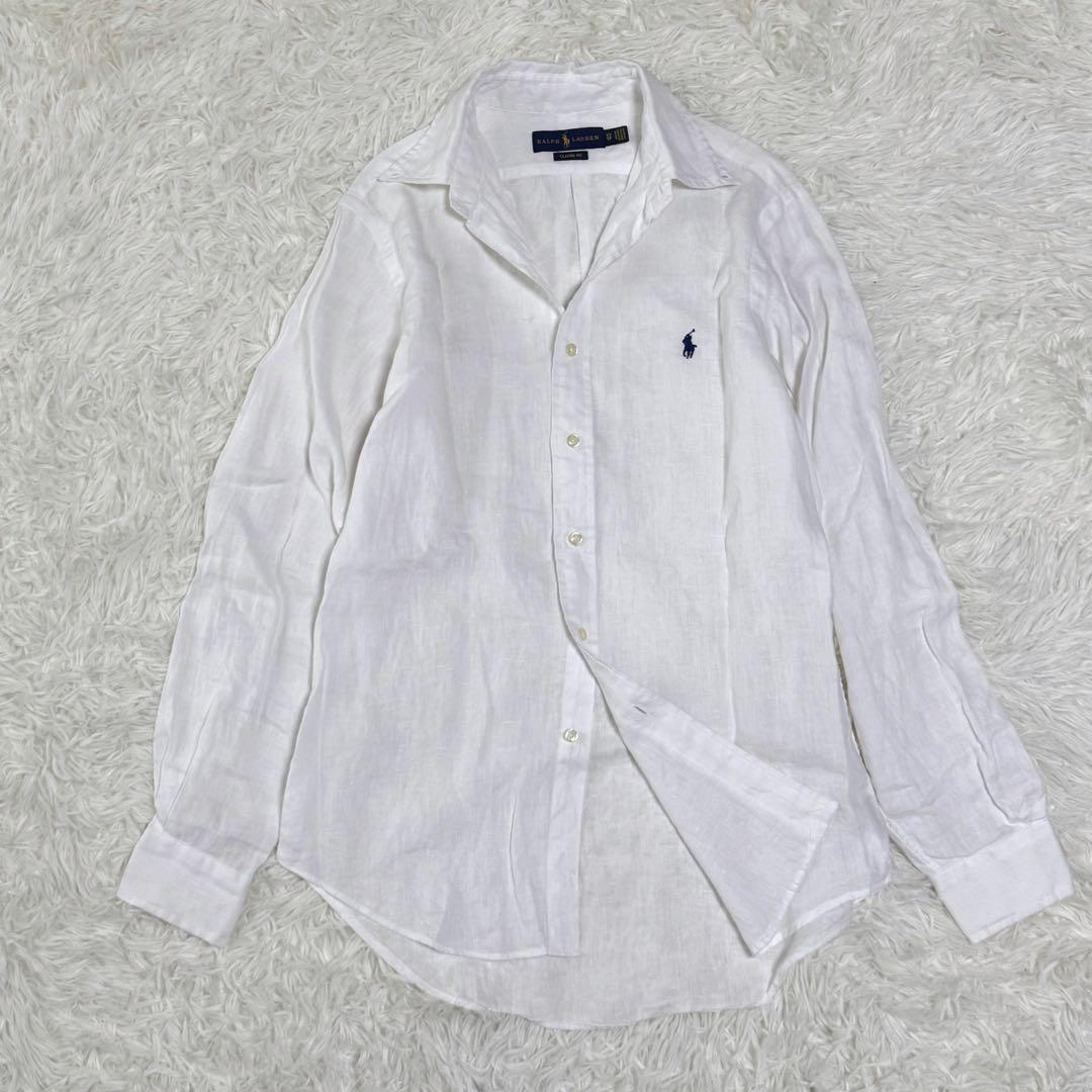 【極美品】近年 ラルフローレン リネン100％ シャツ クラシックフィット 白