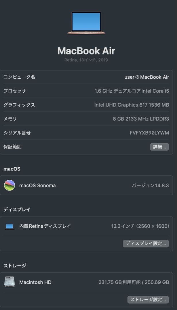 MacBook Air 13-インチ2019 8GB/256GB SSD