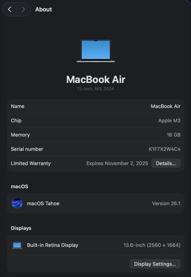 MacBook本体 MacBook Air M3 16GB RAM 512GB Storage