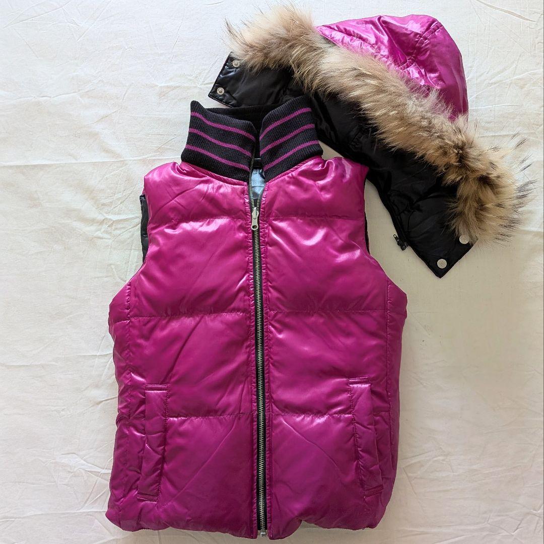 y2k  ダウンベスト 黒 ピンク フード ファー リバーシブル