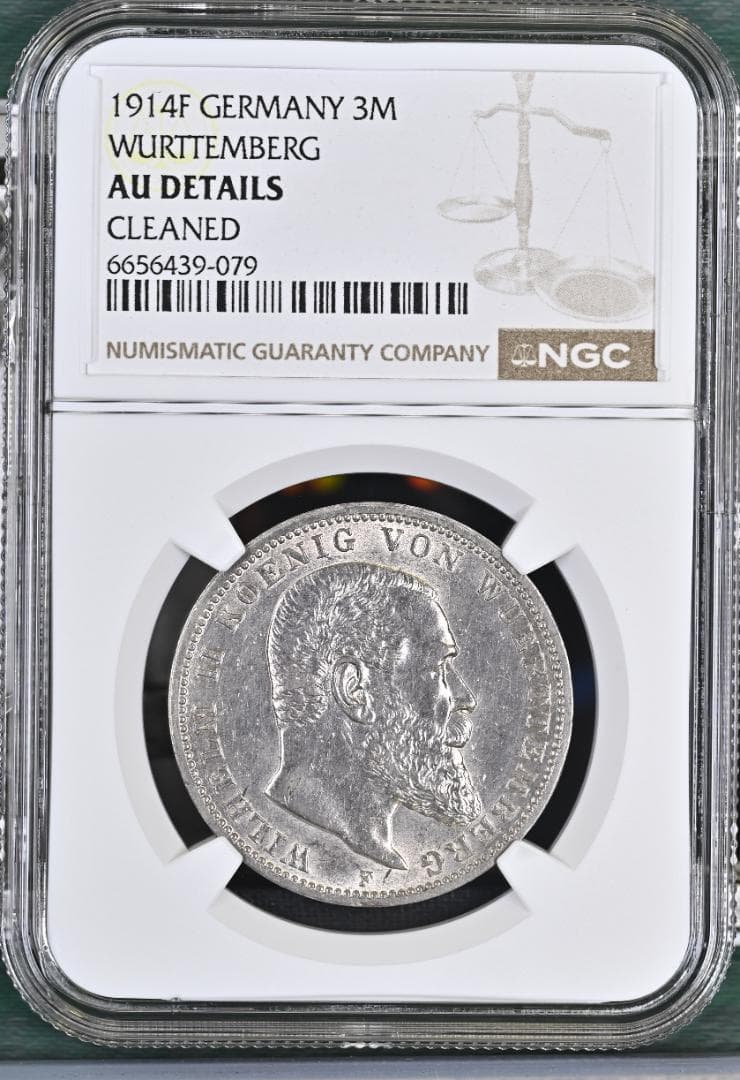 NGC-AU 洗浄 1914F ヴュルテンベルク ヴィルヘルム2世 3マルク銀貨