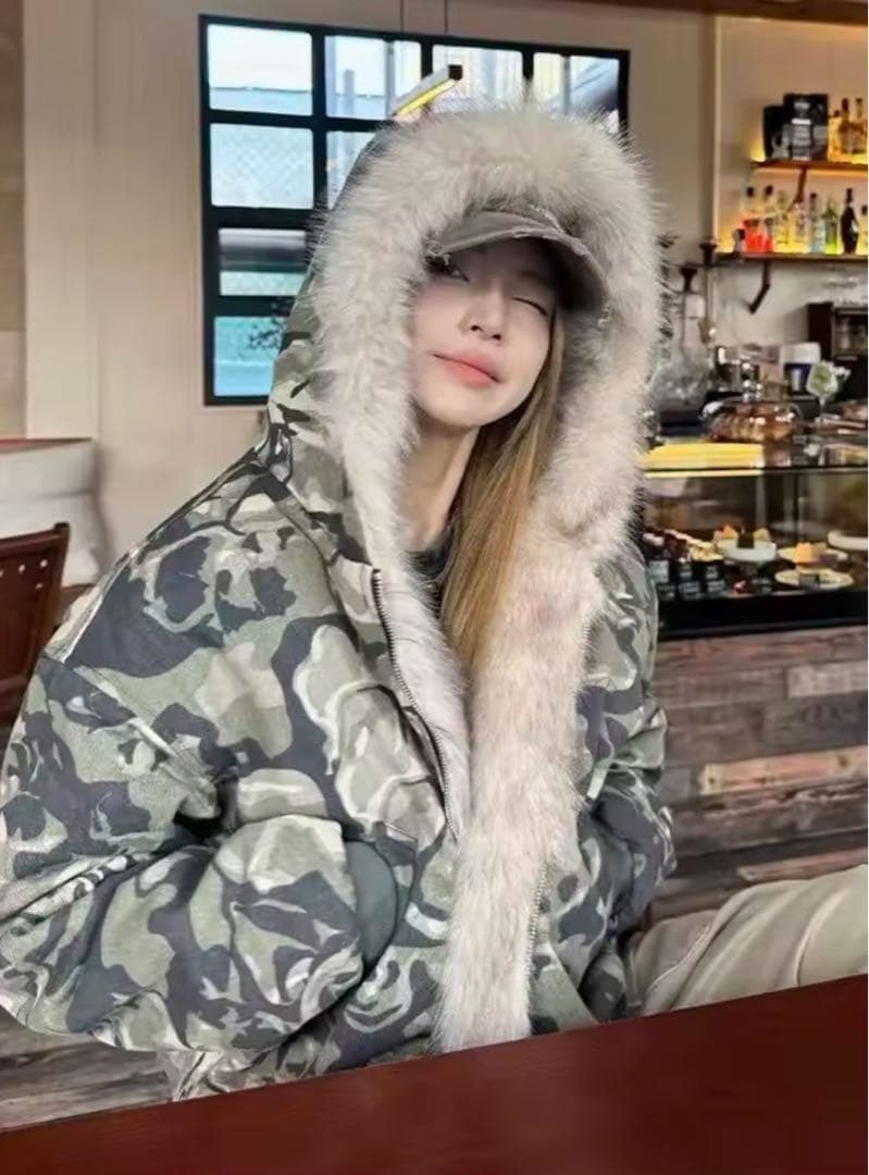 迷彩柄ファージャケット　パーカー　カモフラ　韓国　L