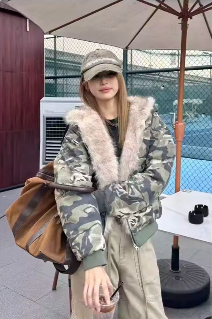 迷彩柄ファージャケット　パーカー　カモフラ　韓国　L