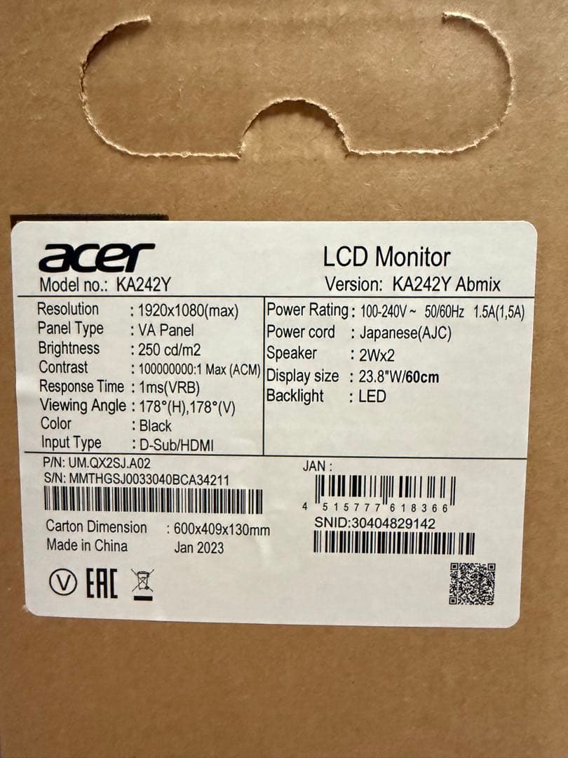 PCモニター Acer KA242Y 23.8インチ FULLHD