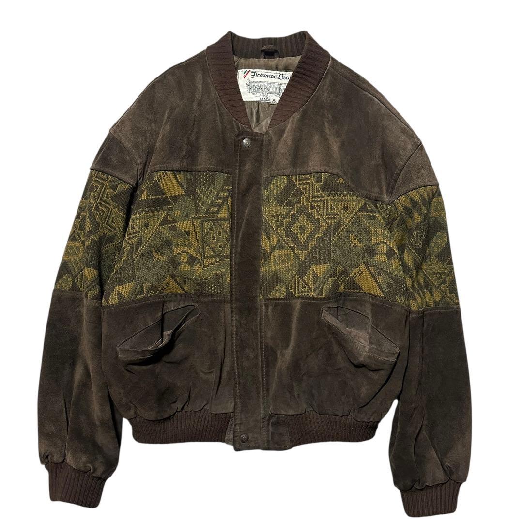 イタリア製 本革 スエード切替 レザーブルゾン 柄