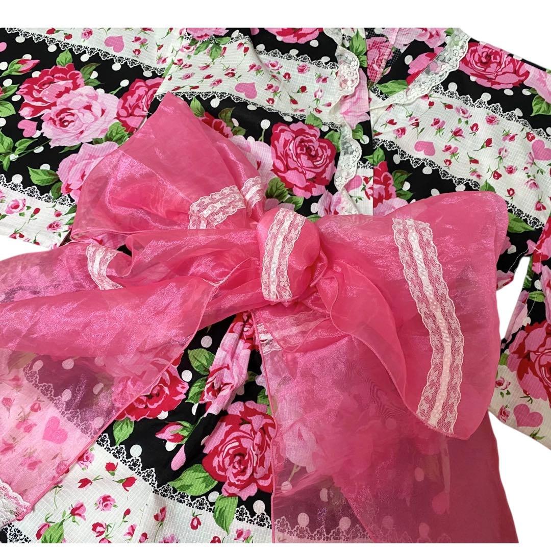 Y2K 大人用 浴衣ドレス 帯2点セット 薔薇柄 姫ギャル 平成GAL