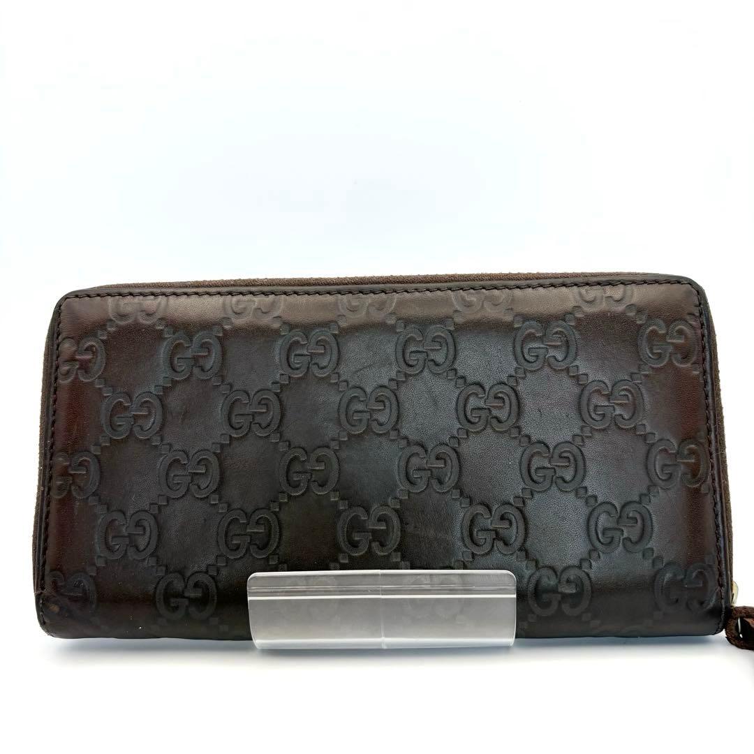 GUCCI グッチシマレザー GG ラウンドファスナー 長財布 ダークブラウン