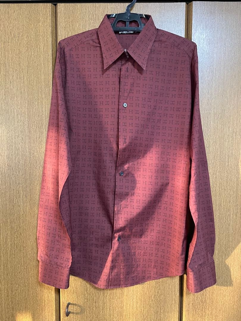 エルメス H柄 総柄 長袖シャツ ボルドー系 メンズ