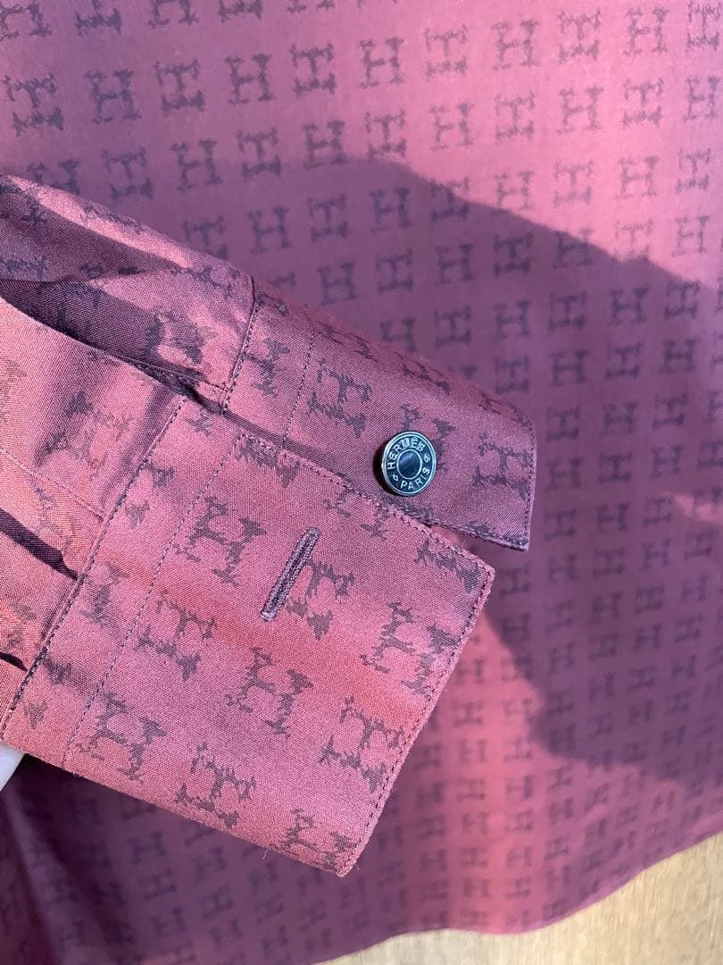エルメス H柄 総柄 長袖シャツ ボルドー系 メンズ