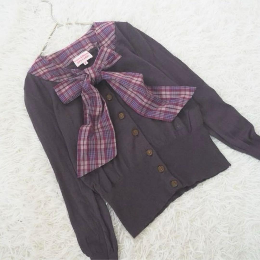 ヴィヴィアン ボウタイニット チェック オーブ刺繍 リボンタイ カーディガン