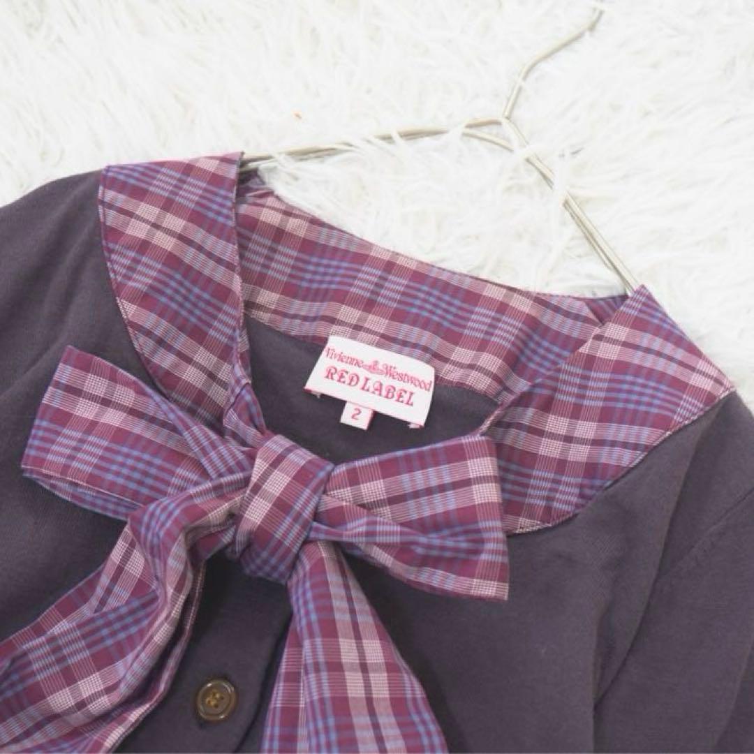 ヴィヴィアン ボウタイニット チェック オーブ刺繍 リボンタイ カーディガン