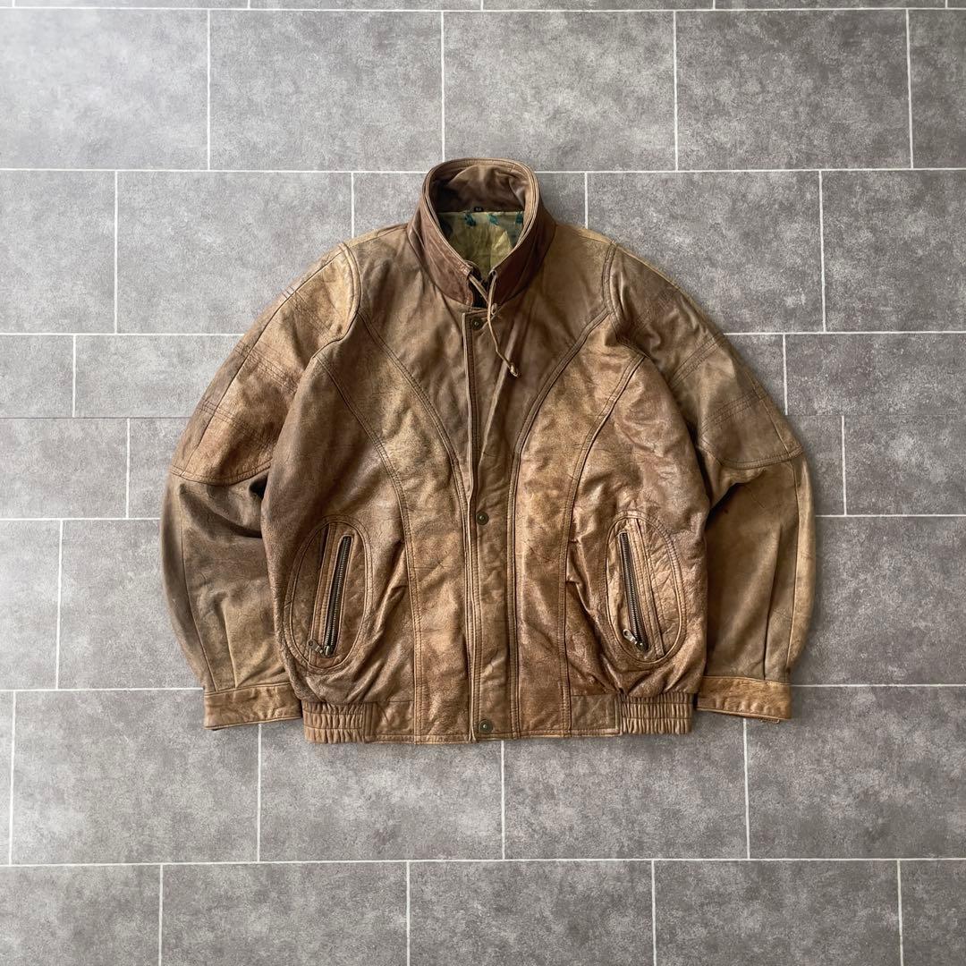 80s ヴィンテージ 本革 ダブルカラーレザージャケット ブラウン 52
