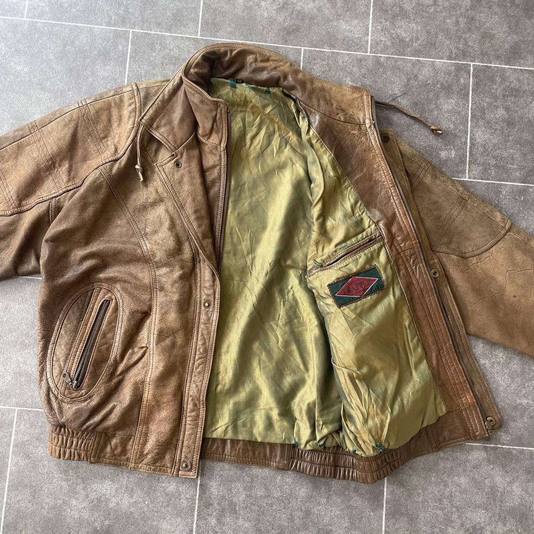 80s ヴィンテージ 本革 ダブルカラーレザージャケット ブラウン 52