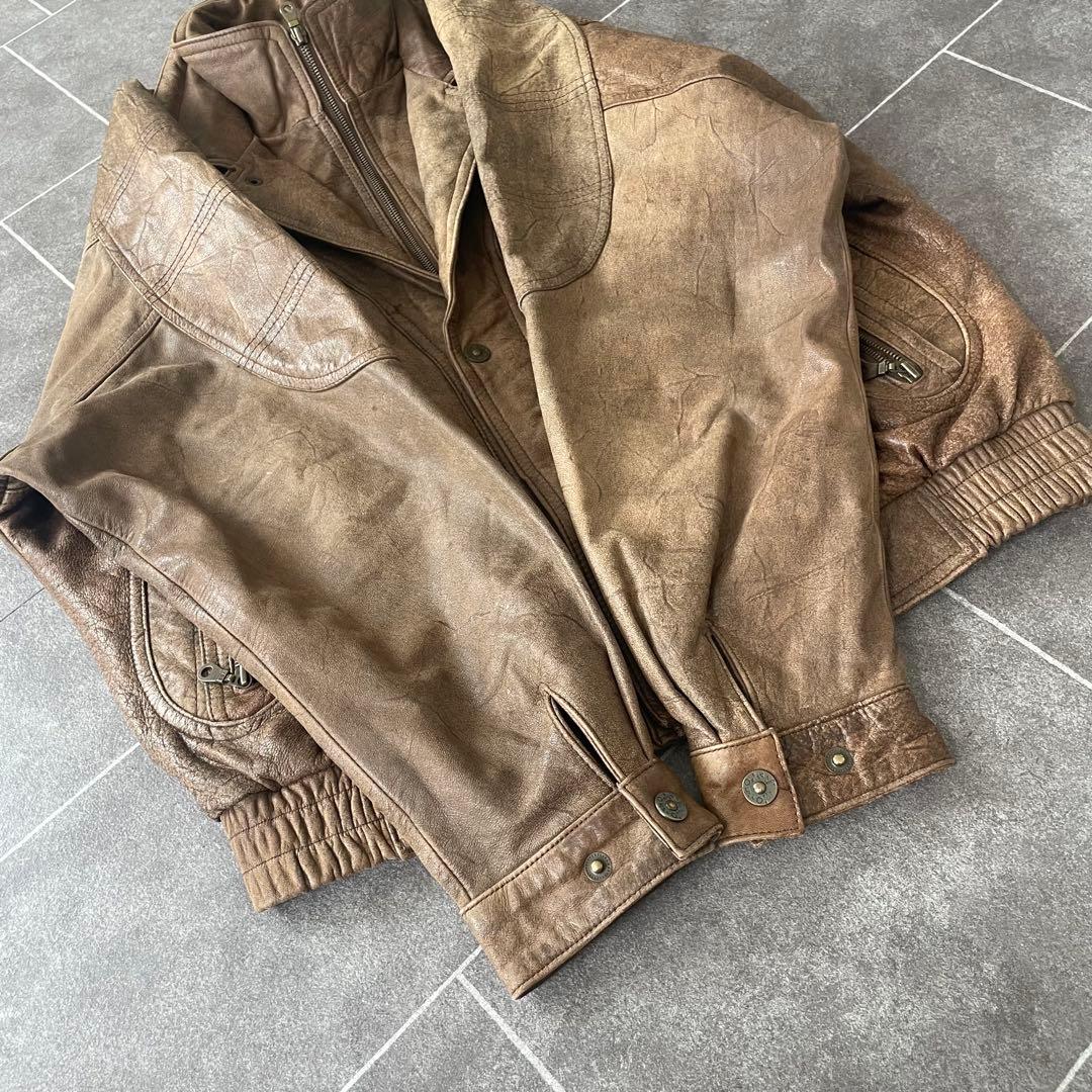 80s ヴィンテージ 本革 ダブルカラーレザージャケット ブラウン 52