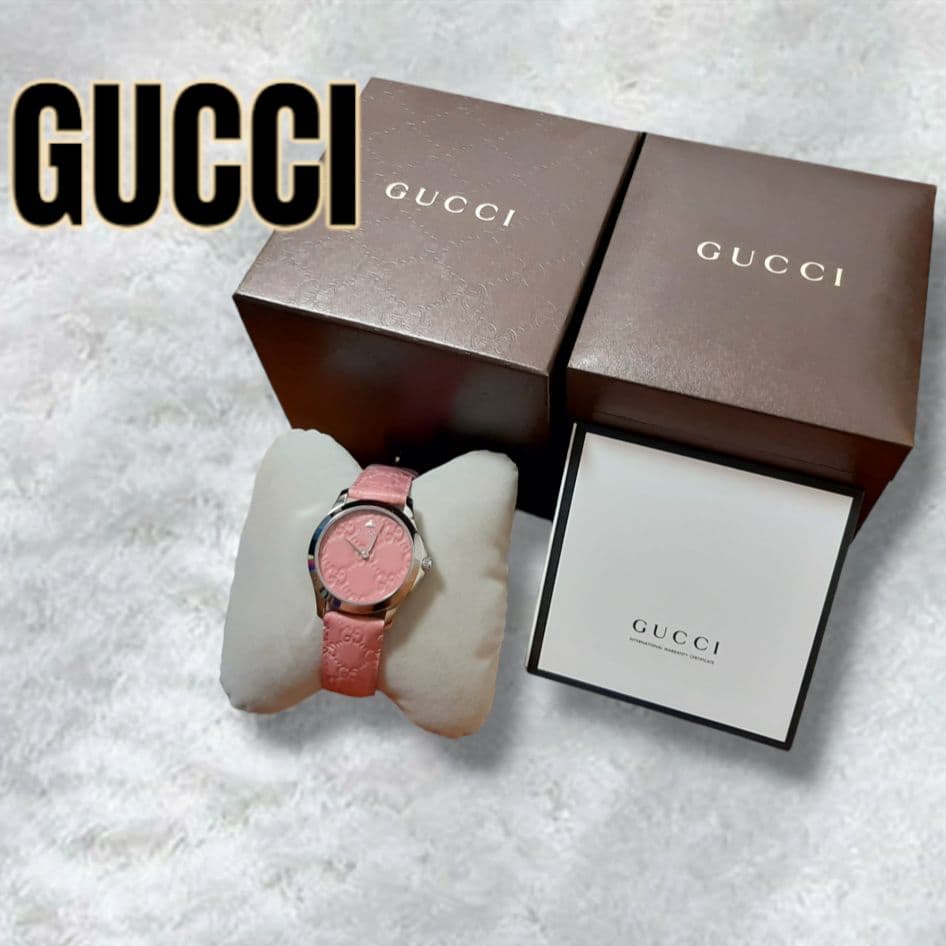 GUCCI　グッチ　腕時計　レディース　ピンク　ロゴ　型押し