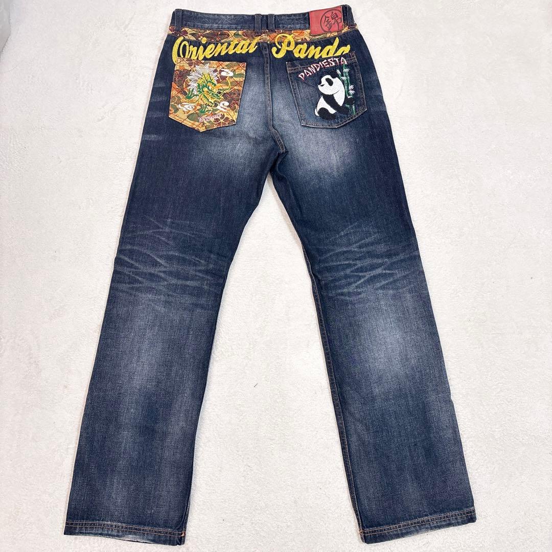 00s PANDIESTA W34 刺繍 和柄 バギー デニム ワイドストレート