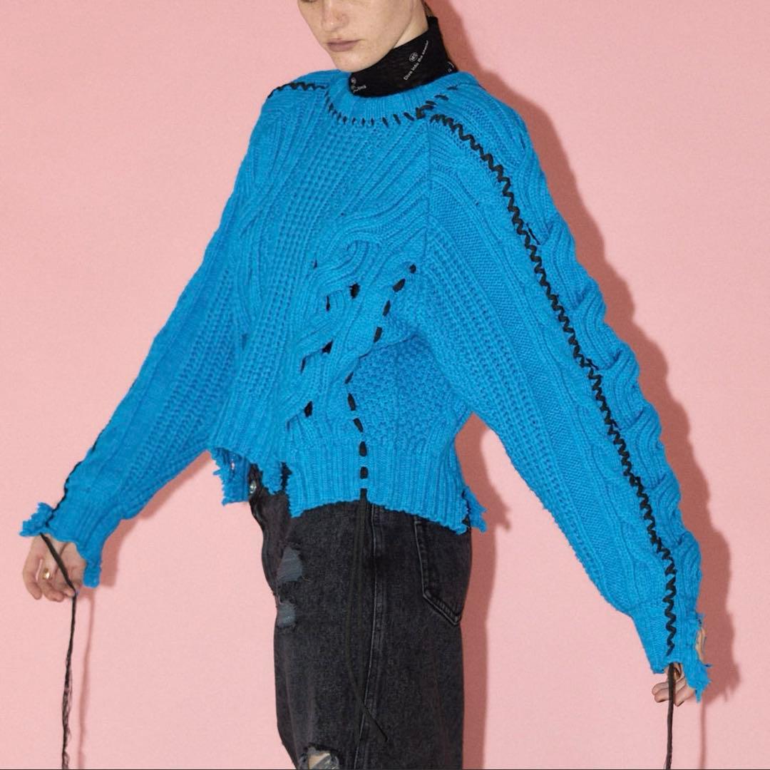 メゾンスペシャル ケーブルニット　ハンドステッチ　ブルー　ダメージ　メゾスペ　青