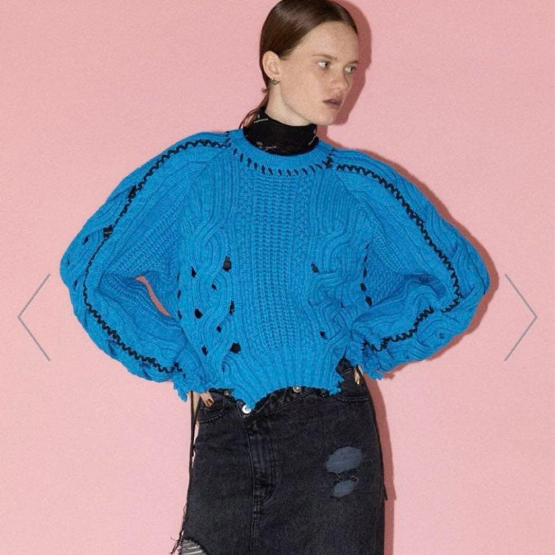 メゾンスペシャル ケーブルニット　ハンドステッチ　ブルー　ダメージ　メゾスペ　青