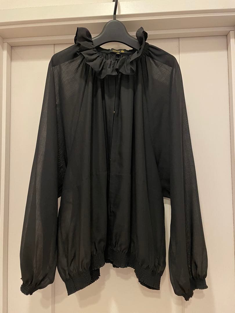 Drawer ブラックシースルーブラウス フリル付き