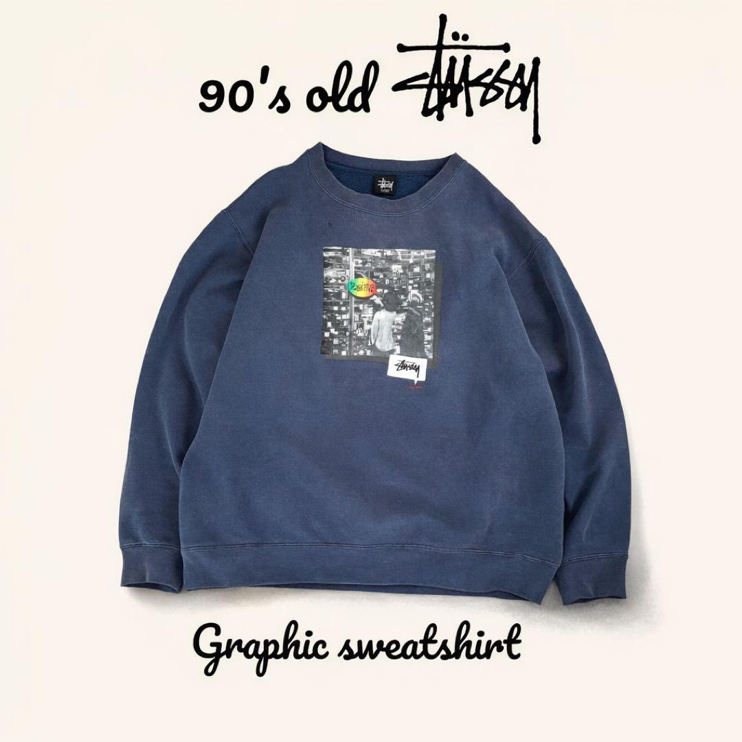 90s OLD STUSSY グラフィック スウェット フェード ネイビー L